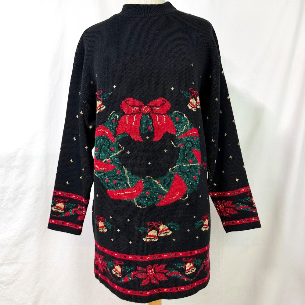 VINTAGE 80s Mathias Knit Christmas Sweater Metallic Wreath Women's L USA Holiday